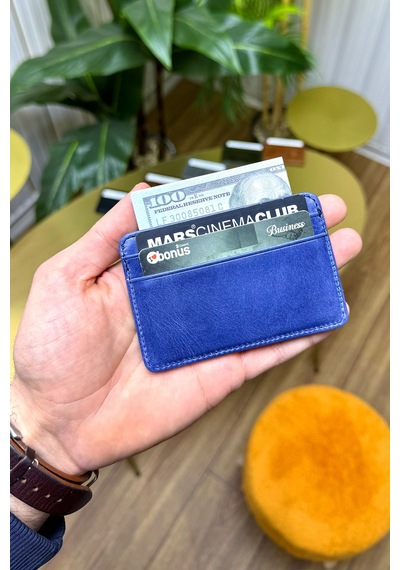 Unisex Buz Mavisi Mini Design Hakiki Deri Kartlık Cüzdan Erkek - Kadın Mavi