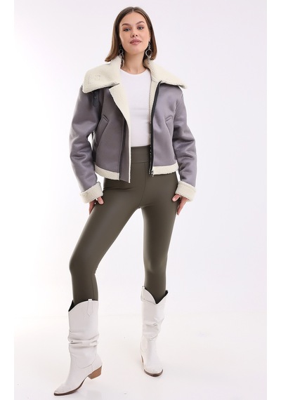 Winmoda34 Içi Kürk Astarlı Biker Kısa Ceket Gri