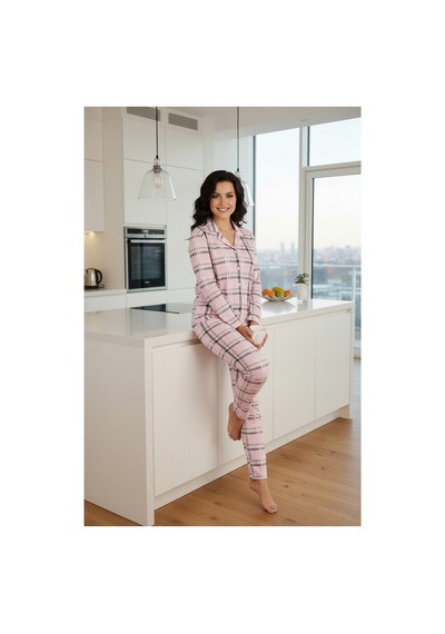 Bravie Luxury Viscose Pembe Ekose Desenli Büyük Beden Kadın Pijama Takımı 42531