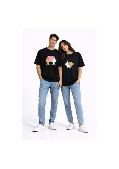 Sevgili Kombini Ayıcık Kalp Baskılı Çift Tişört Oversize Unisex Partner Kombin Seti Siyah
