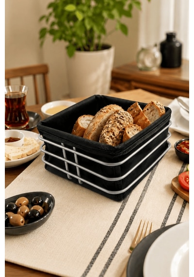 Mat Gümüş Siyah Kumaş Kare Ekmek Sunum Sepeti, Kahvaltı Sunumu,kafe, Restoran Ve Otel Tipi 20x20 Cm