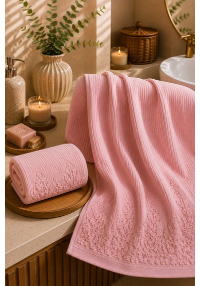 Çiçek Desenli 2 Li Banyo Havlu Seti 50 90 Baş Havlusu + 90 150 Banyo Havlusu - Pembe