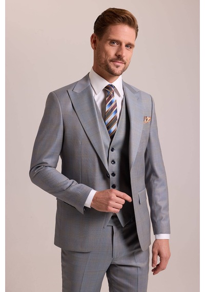 Erkek Gri Bej Slim Fit Sivri Yaka Yelekli Yün Takım Elbise Gri - Bej