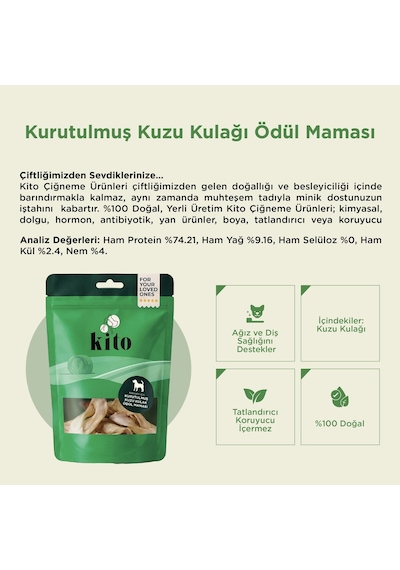 Kito Kurutulmuş Kuzu Kulak Çiğnemelik Doğal Glutensiz Organik Köpek Ödül Maması 100 G