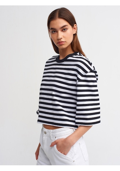 Dilvin Çizgili Bisiklet Yaka Crop Tshirt  Siyah