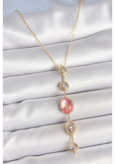 Pirinç Zincir Pembe Gold Renk Zirkon Taşlı Y Kolye - Lisinya