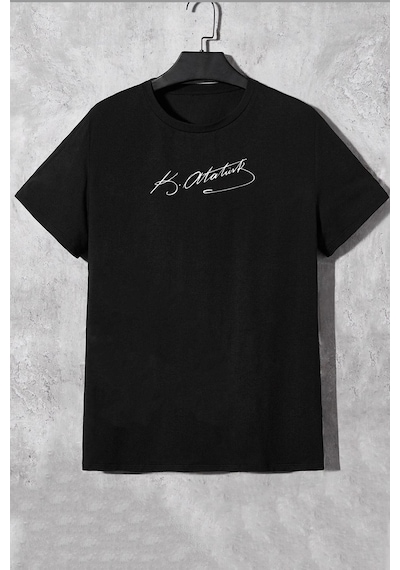 Unisex K.atatürk Imza Baskılı Kısa Kol T-shirt SIYAH