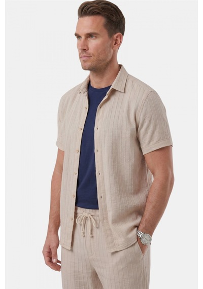 Rizzup Bej Slim Fit Çizgi Dokulu Keten Görünümlü Kısa Kol Erkek Spor Gömlek 2602648