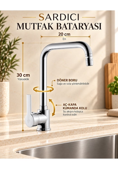 Sardıcı Oynar Başlıklı Mutfak Evye Bataryası Krom Çift Su Girişli Döner Borulu