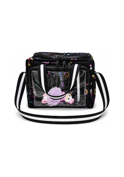 Çocuk Termal Okul Beslenme Çantası Şeffaf Cepli Peluş Aksesuarlı Omuz Askılı Lunch Bag Siyah