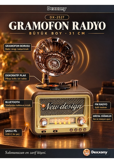 Dexxony Dx-2527 Kahve Nostaljik Radyo Gramofon Görünümlü Büyük Boy Şarjlı Bluetooth Hoparlör Fm Usb