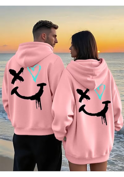 Nevermind Sevgili Çift Kombin Hoodie Yüz Kalp Baskılı Oversize Kapüşonlu Sw Pembe