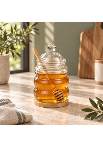 Kaşıklı Cam Bal Kavanozu 480 Ml, Cam Kapaklı, Bambu Bal Kaşığı Ve Bambu Altlık Dahil, Şeffaf Kahvaltılık Ballık Çok Renkli