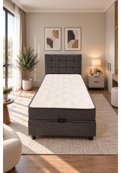 Beehanem Bengü 90x190 Tek Kişilik Baza Başlik Yatak 3 Lü Set Antrasit 90 X 190