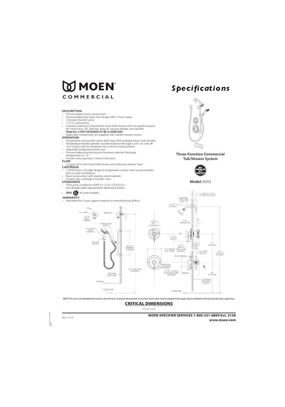 Moen 8343 Commercial Posi-temp Baskı Balancing 3 Fonksiyon Küvet/ Diğer