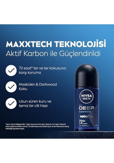 Erkek Roll On Deodorant Deep Dimension 50 Ml,72 Saat Ter Ve Ter Kokusuna Karşı Koruma,maskülen Ferah Koku,aktif Karbo