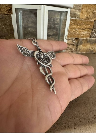 Yılan & Kuru Kafa & Pagan Yıldızı Unisex Kolye 60 Cm Zincirli, Gotik Güç Ve Koruma Temalı Tasarım Çok renkli