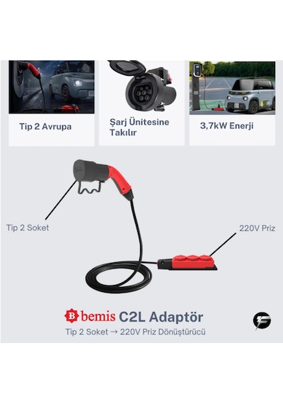 Bemis C2l Charger To Load Elektrikli Araç Şarj Ünitesinden Enerji Alma Adaptörü 3 'lü 3 Metre 3.7 Kw