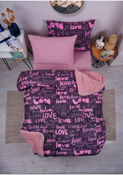Love Desen Welsoft Pamuklu Çift Taraflı Pofuduk Tek Kişilik Uyku Seti - Pembe - 155 X 215