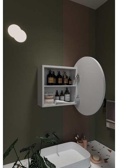Oval Aynalı Banyo Dolabı Lavabo Üstü Kapaklı Banyo Aynası Duvar Dolabı Beyaz