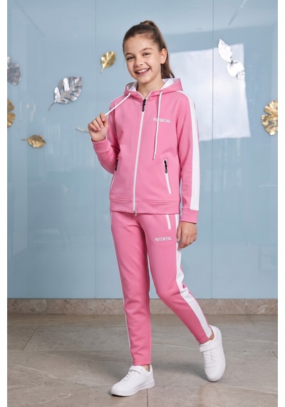 Pina Kids Kız Çocuk Potential Kalın Şeritli Kapüşonlu Düz Paça Dalgıç Kumaş Eşofman Takımı Esf7016 Pembe
