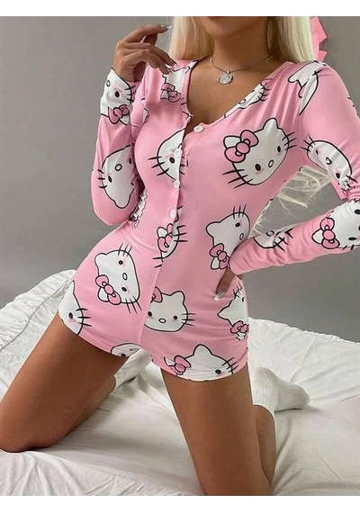 Ang Butik Kadın Pamuklu Pembe Hello Kitty Desenli Düğmeli Uzun Kol Tulum Pijama