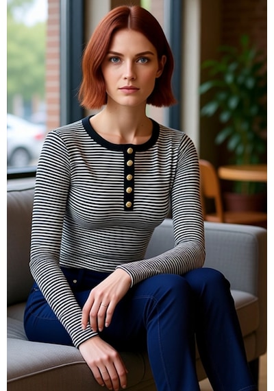 Ersefa Kadın Çizgili Bisiklet Yaka Düğmeli Slim Fit Örme Bluz Kaliteli Ş siyah