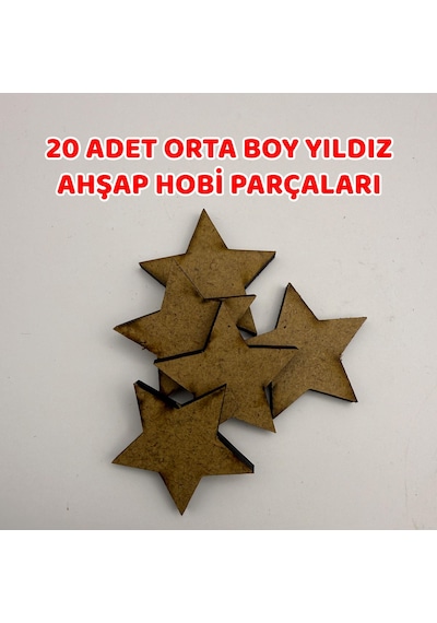 20 Adet Orta Boy Yıldız Ahşap Hobi Parçaları 35mm X 4mm Mdf Lazer Kesim-739 04