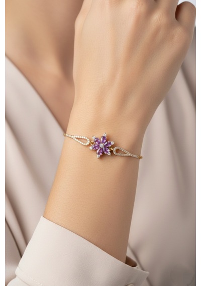 Çekirdekjewelry 925 Ayar Gümüş Zirkon Taşlı Çiçek Figürlü Zarif Altın Renk Kadın Bileklik Sarı Lila