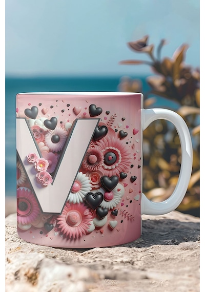 Renkli Çiçekli V Harfi Baskılı 3d Görünümlü Tasarım Mug Kupa Bardak Yeşil