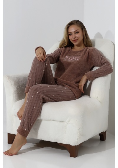 Wordex Fawn 5019 Peluş Welsoft Polar Kışlık Yumoş Kadın Pijama Takımı Love Vizon