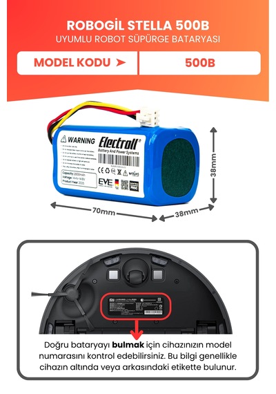 Robogil Stella 500b Uyumlu Batarya Yüksek Kapasite 2800mah Pil