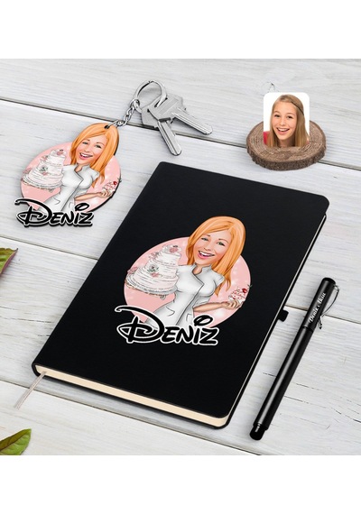 Kişiye Özel Kadın Aşçı Karikatürlü Siyah Defter Kalem Ve Anahtarl N11.3813