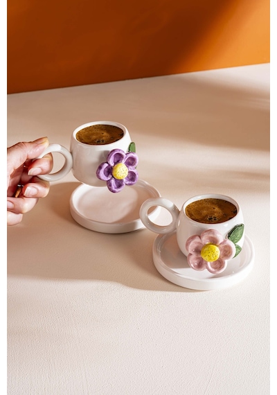 Rivaistanbul Göz Desenli Amore El Yapımı Seramik Double Kahve Fincanı Mug Kupa Krem