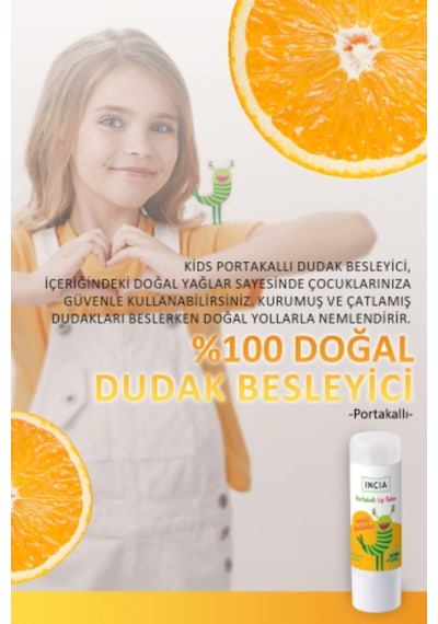 INCIA %100 Doğal Kids Dudak Besleyici Portakal Bitkisel Nemlendirici Dudak Bakım Kremi 6 G