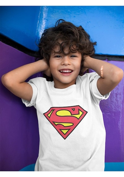Sevbano Süperman Logo Baskılı Unisex Film Kahramanı Çocuk Tişört 1-12 Ya Beyaz