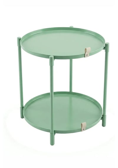 Çift Tepsili Katlanır Orta Yan Yuvarlak Sehpa Metal Ayak - Modern Sehpa 50cm 44 Cm Tepsi Deri Kulplu Mint Yeşili
