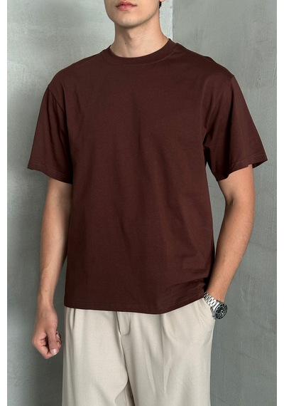 Hyman Erkek %100 Pamuk Oversize Basic T-shirt Koyu Kahve