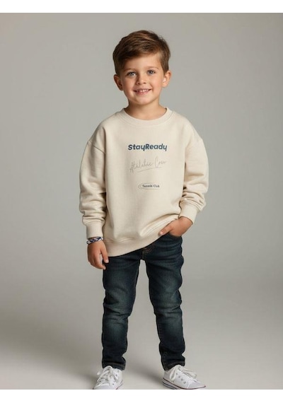 Zekids Erkek Çocuk Pamuklu Stay Yazılı İnce Uzun Kollu Sweatshirt-16334 Taş