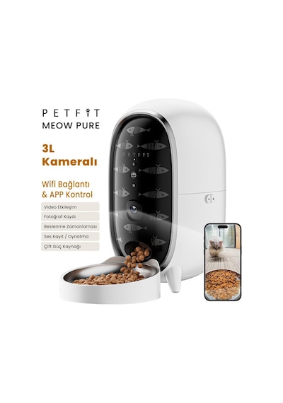 Petfit Aqua Flow Wifi Akıllı Bataryalı Otomatik Kedi Köpek Su Pınarı Çeşmesi Şelalesi+petfit Meow Pure 3l Wi-fi Kameralı Akıllı Otomatik Mama Kabı Besleme Ünitesi Bundle