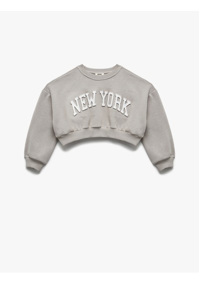 Koton Uzun Kollu Bisiklet Yaka Şardonlu Baskılı Crop Sweatshirt Gri 6wkg10074ak Gri