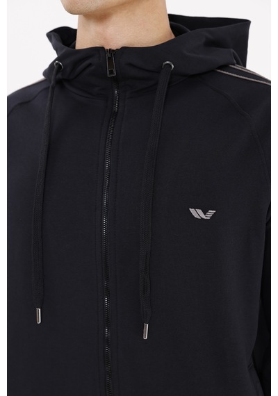 Rowinger Çift Şerit Kol Detaylı Tam Fermuarlı Cepli Rahat Kalıp Ayarlanabilir Kapüşonlu Sweatshirt Black