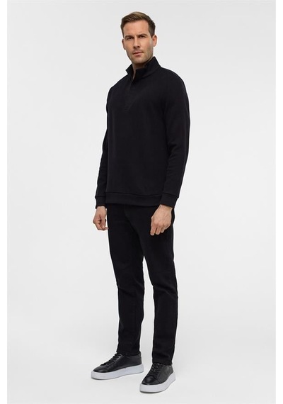 Süvari Siyah Regular Düz Polo Yaka Sweatshirt Siyah