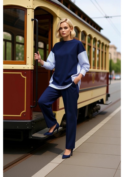 Benerly Kadın Alt Üst Oversize Rahat Kesim Örme Sweatshirt Ve Geniş Paça Lacivert