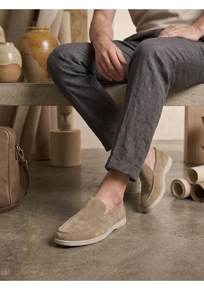 DMR Elegance Ba0252 %100 İçi Dışı Hakiki Deri Erkek Krem Süet Casual Loafer Termo Taban Ayakkabı Rekli