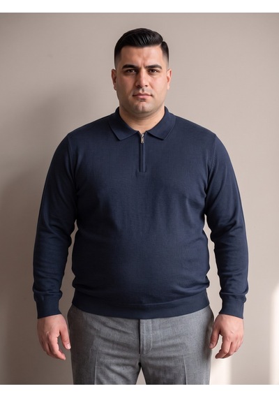 Maccali Erkek Lacivert Büyük Beden Düz Fermuarlı Polo Yaka Triko Kazak