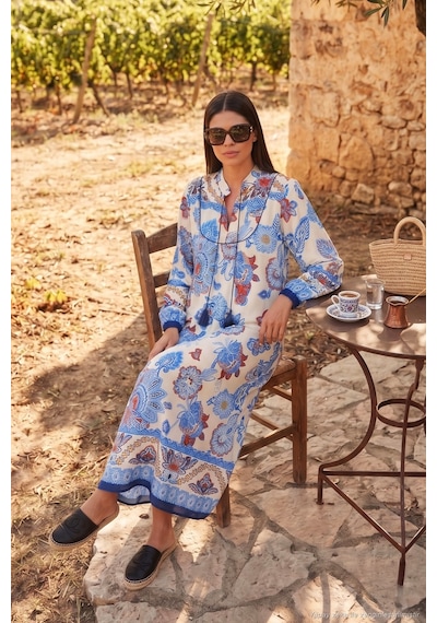 Lela Modest Desenli Regular Fit Bağlamalı V Yaka Maxi Bayan Elbise 611El510 Lacivert