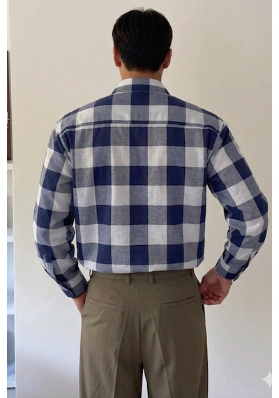 Erkek Ekose-kareli Gömlek Slim Fit Pamuk Karışımlı Klasik Tarz Uzun Kollu Gömlek Mavi