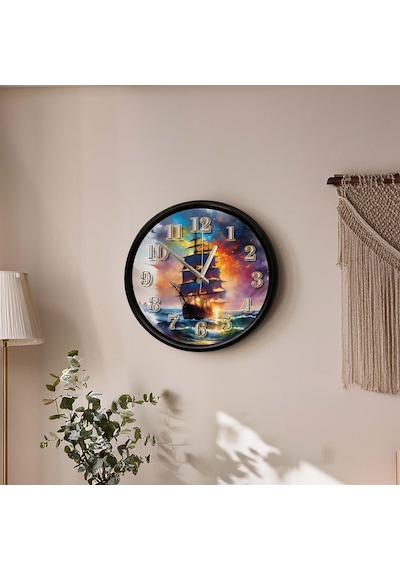 Gün Batımında Yelkenli Gemi Temalı Dekoratif Duvar Saati 28 Cm Sessiz Mekanizma Çok Renkli