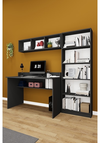 Asra Trend Çalışma Masası Seti ÇMT001 %100 MDF Kitaplıklı Raflı Ofis Takımı Antrasit